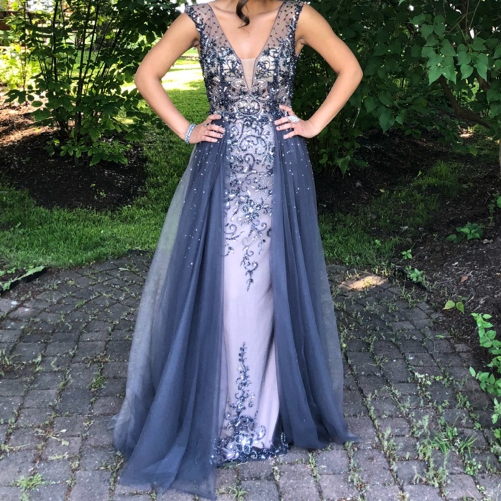 Elegant Gray Embellished Evening Gown
